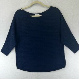 Market & Spruce Pullover Sweater XL Navy Boatneck 3/4 Sleeves Horizontal Knit